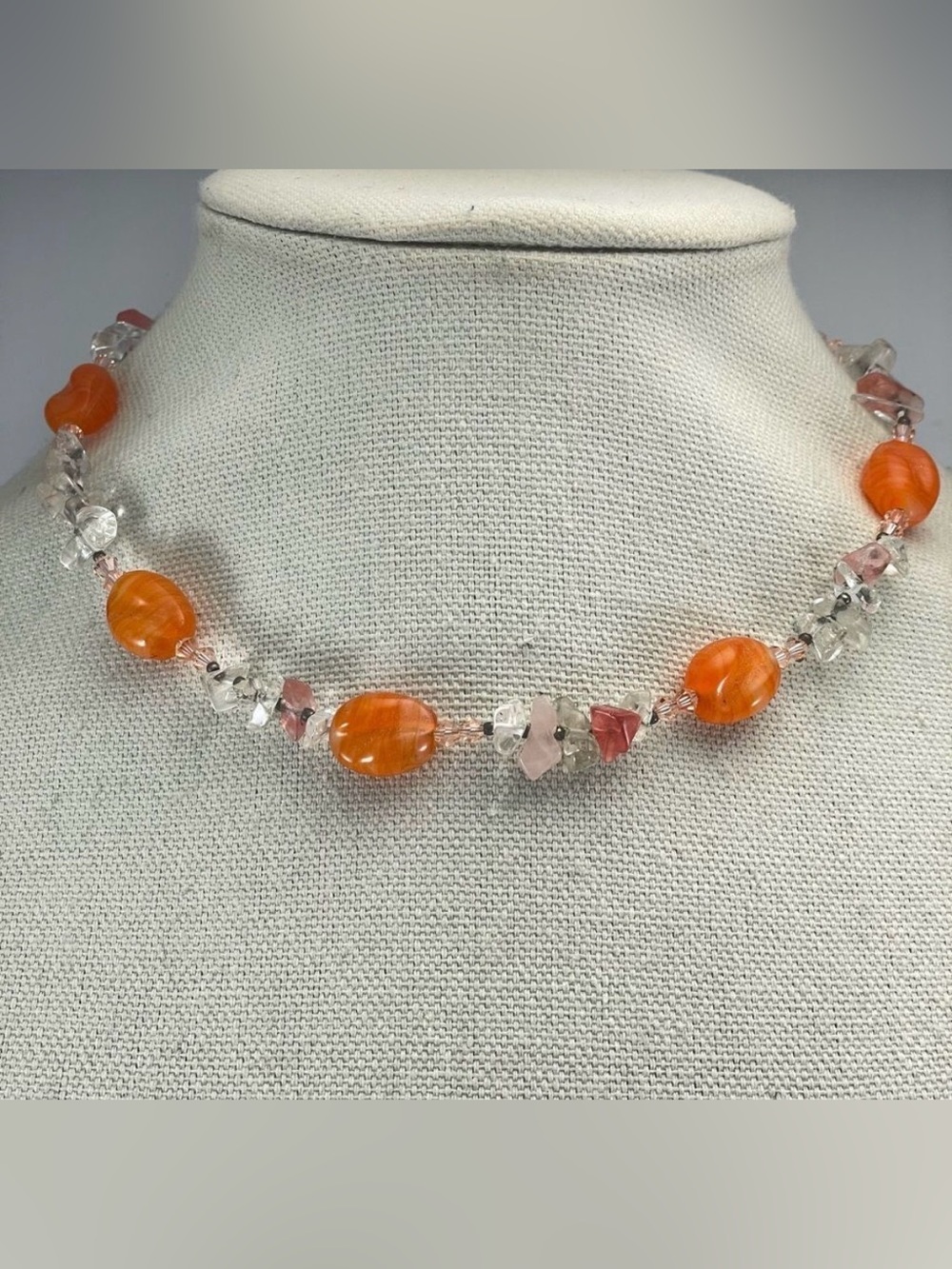 Beautiful Necklace Rose Cherry Clear Quartz Nugget Orange Glass Beaded Statement